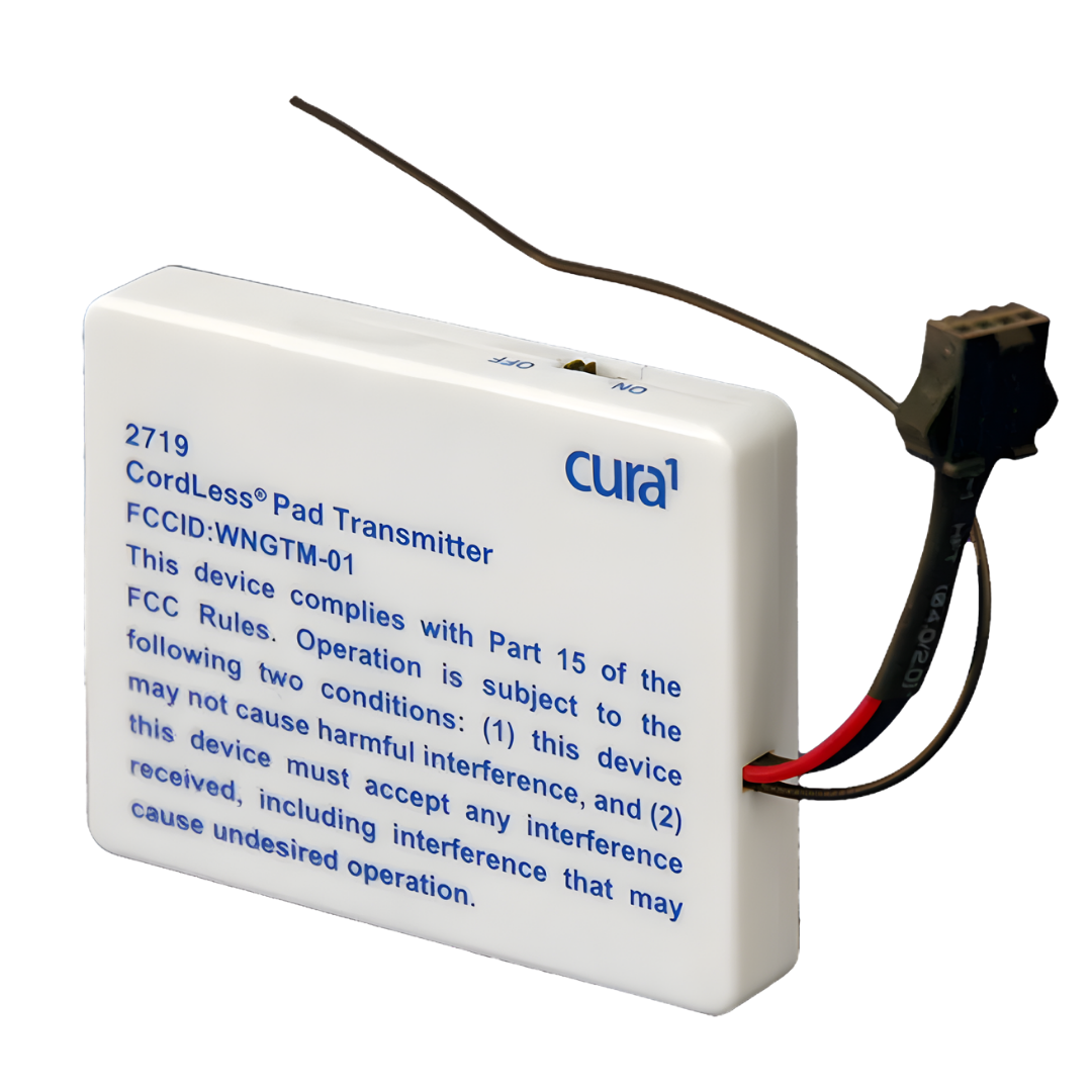 Cura Replacement Transmitter – cordless fall prevention device with 50m range, LED indicator, and 1-year battery life for aged care and hospital use.