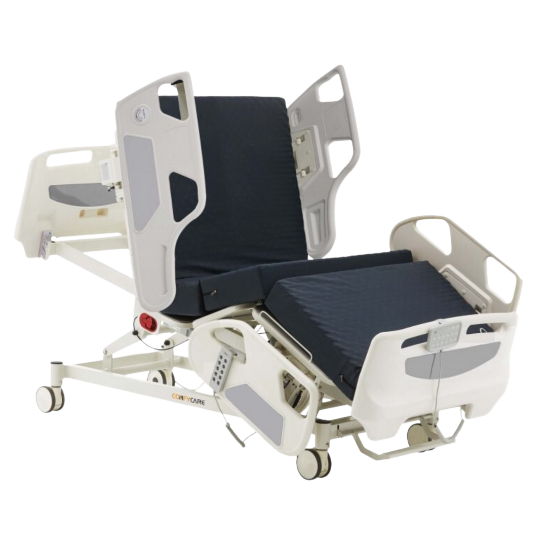 Five Function Hospital ICU Bed standard variant with adjustable backrest, leg rest, height, tilt, and rails for safe patient care.