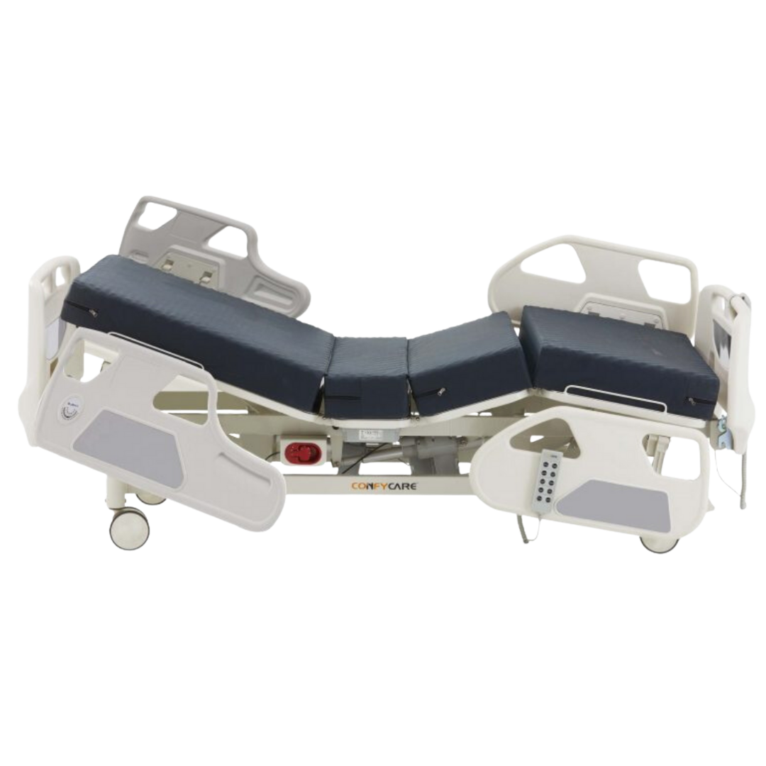 Five Function Hospital ICU Bed standard variant with adjustable backrest, leg rest, height, tilt, and rails for safe patient care.