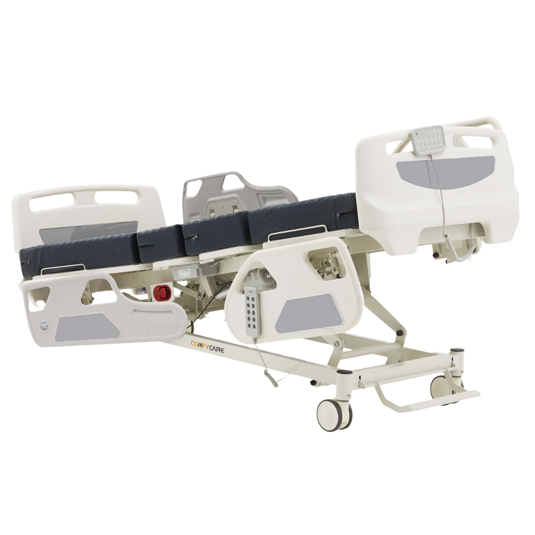 Five Function Hospital ICU Bed standard variant with adjustable backrest, leg rest, height, tilt, and rails for safe patient care.