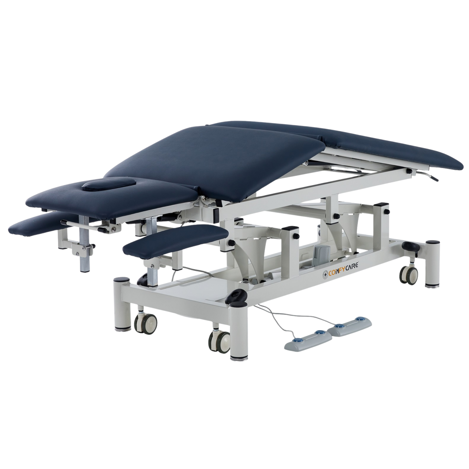 ComfyCare five-section treatment couch in navy blue, set in a postural drainage configuration with foot pedals.