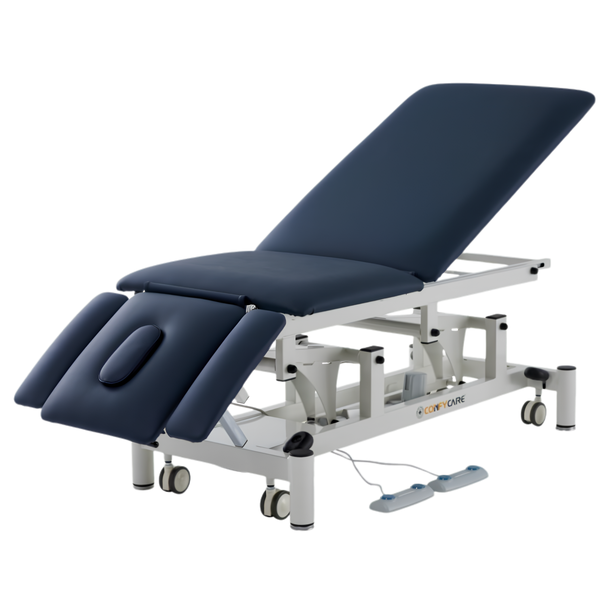ComfyCare five-section electric therapy couch in navy blue and white, with the large backrest section in a fully reclined/raised position.