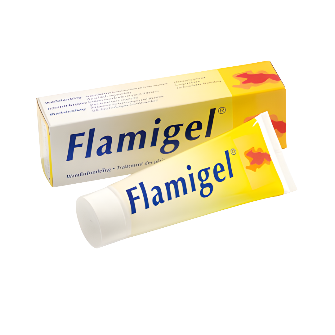 Tube of Flamigel hydro-active wound care gel, designed to promote faster healing, relieve minor burns, and minimise scarring for cuts, abrasions, and superficial skin injuries.