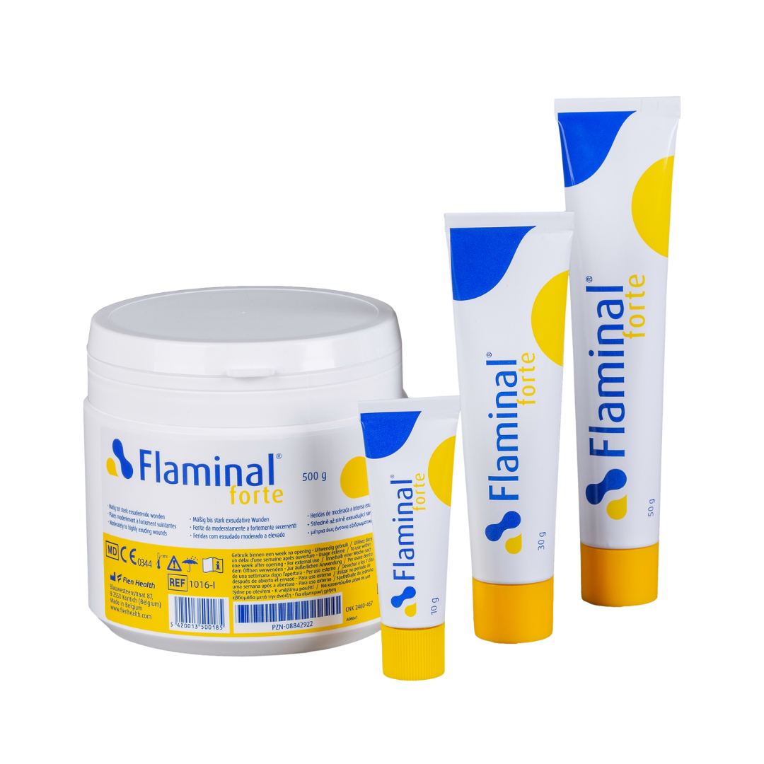 Flaminal forte products including a jar and two tubes on a white background