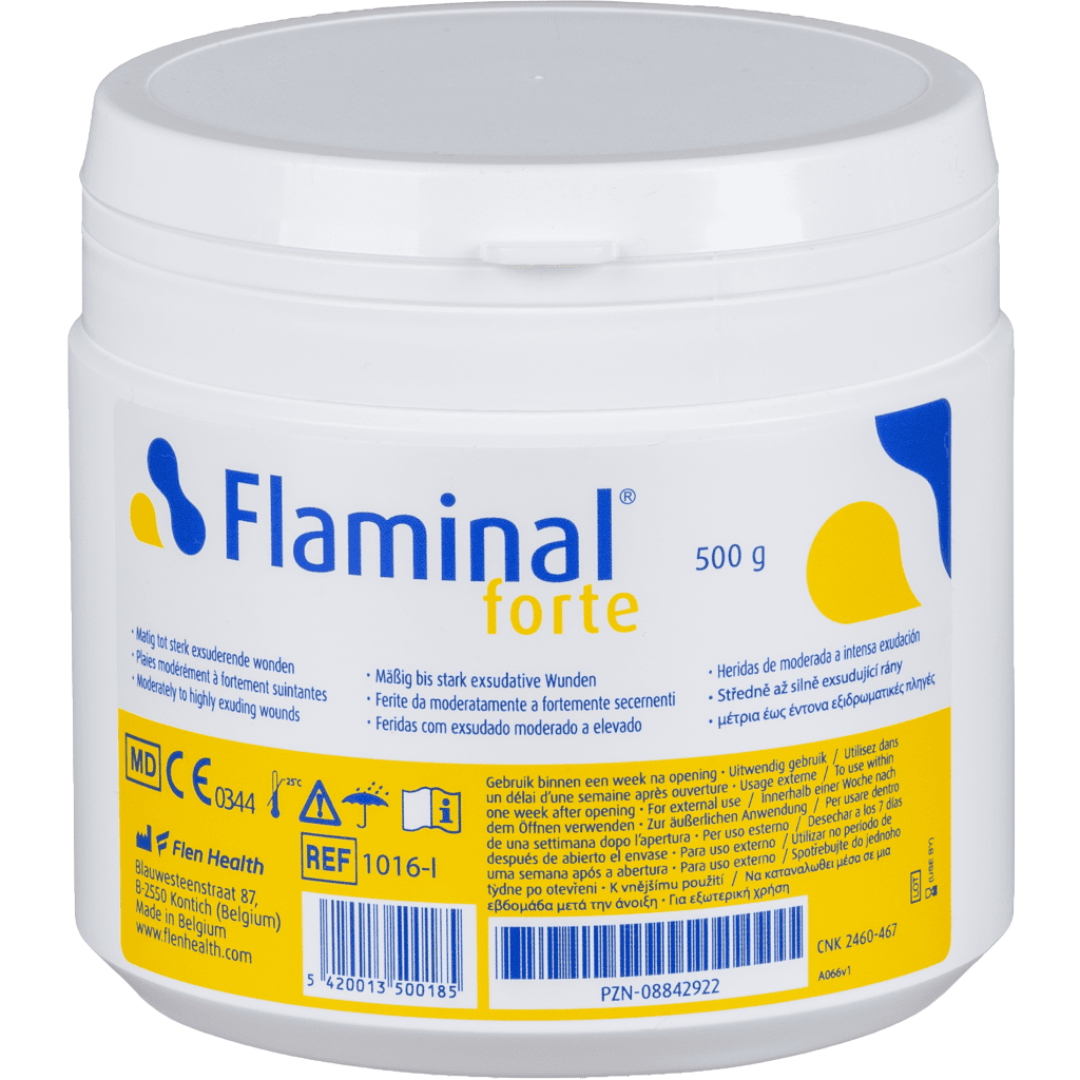 Flaminal Forte Enzyme Alginogel 500g tube designed for advanced wound care and infection protection. This high-capacity medical gel supports healing for large or high-exudate wounds. Ideal for clinical or long-term home care use.