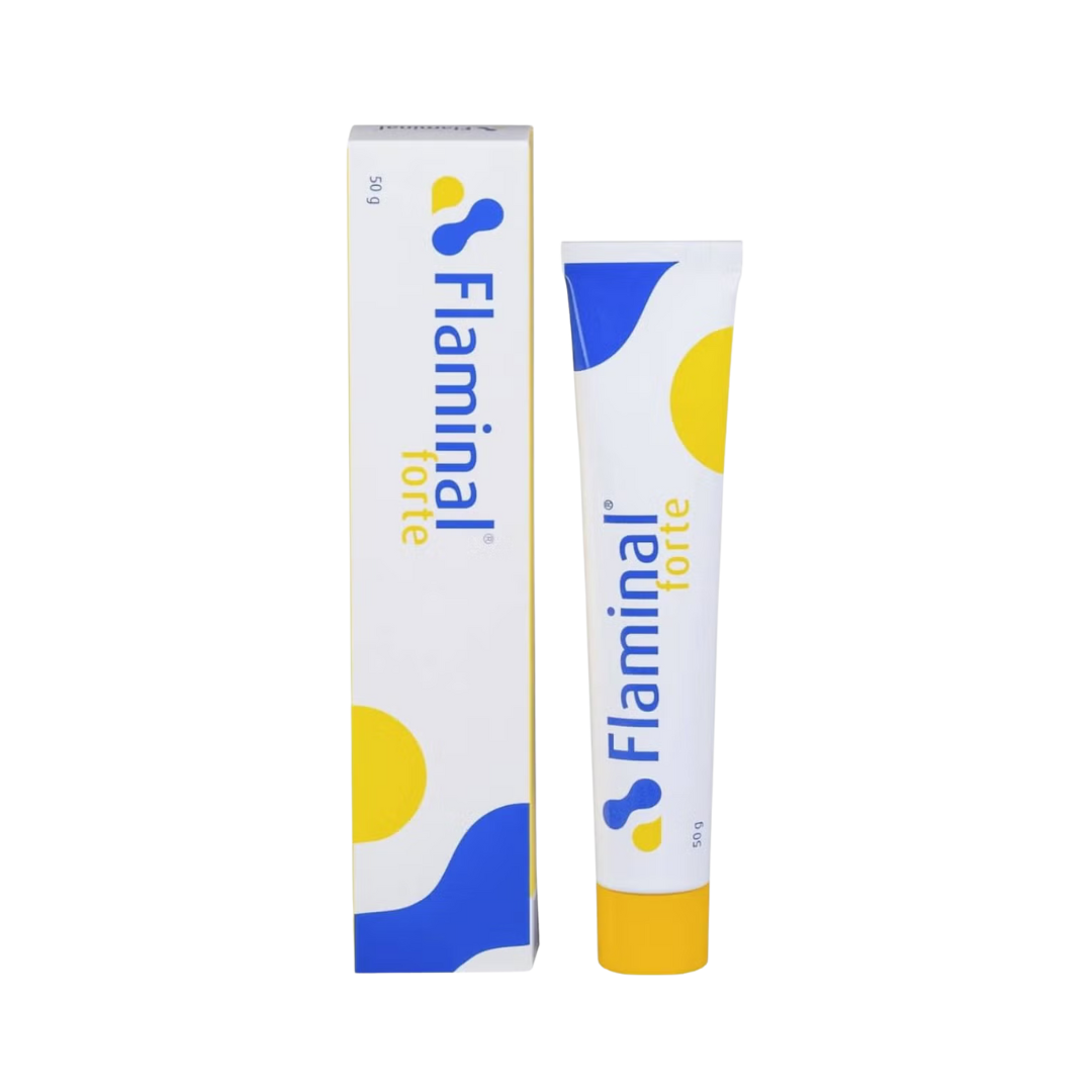 Flaminal forte tube and packaging on a white background