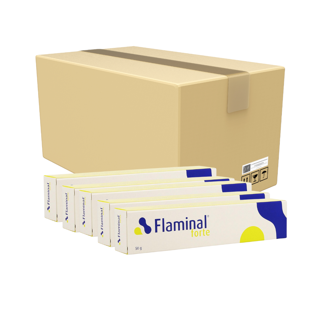 Cardboard box with multiple boxes of Flaminal forte on a white background