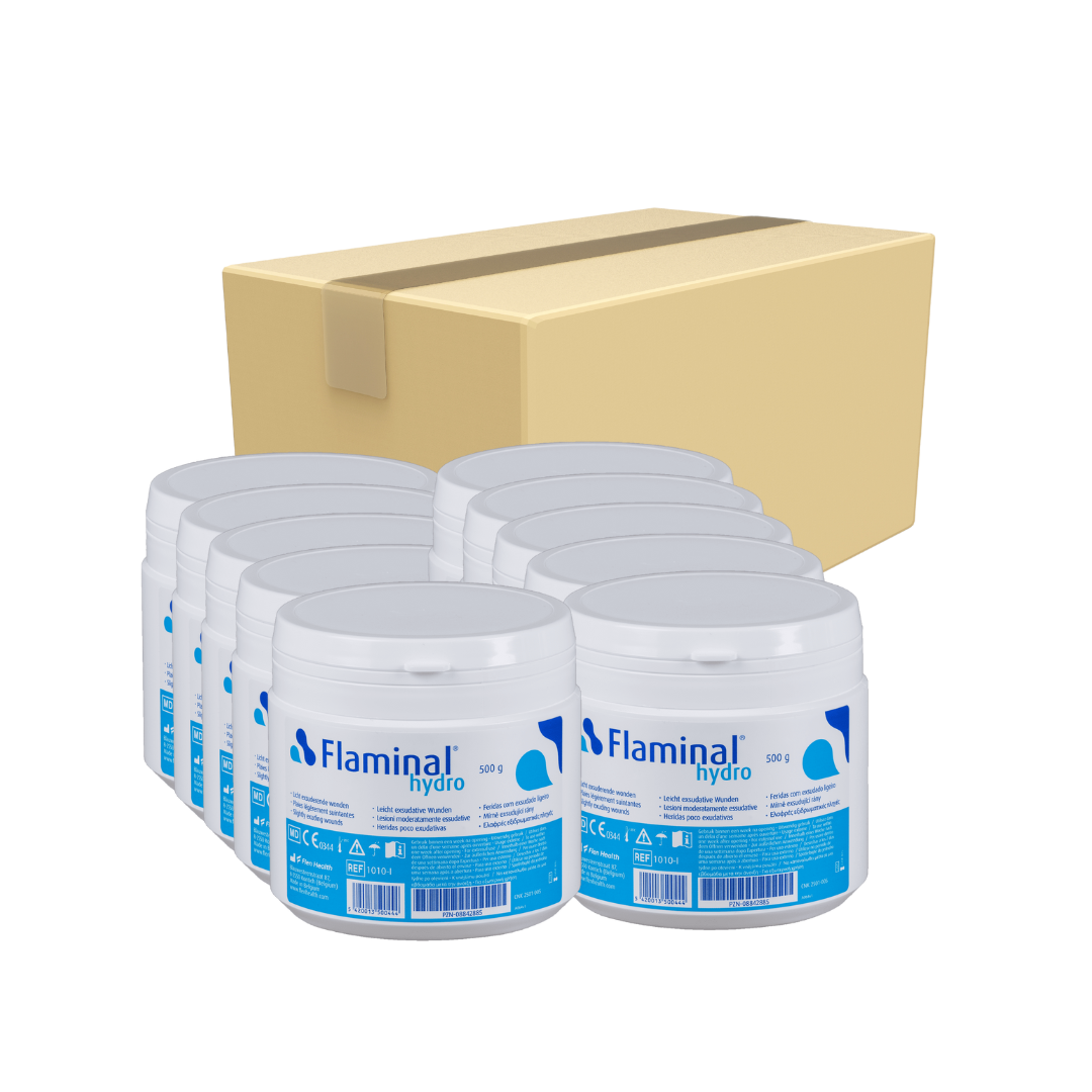 Flaminal Hydro Enzyme Alginogel 500g tub in a carton
