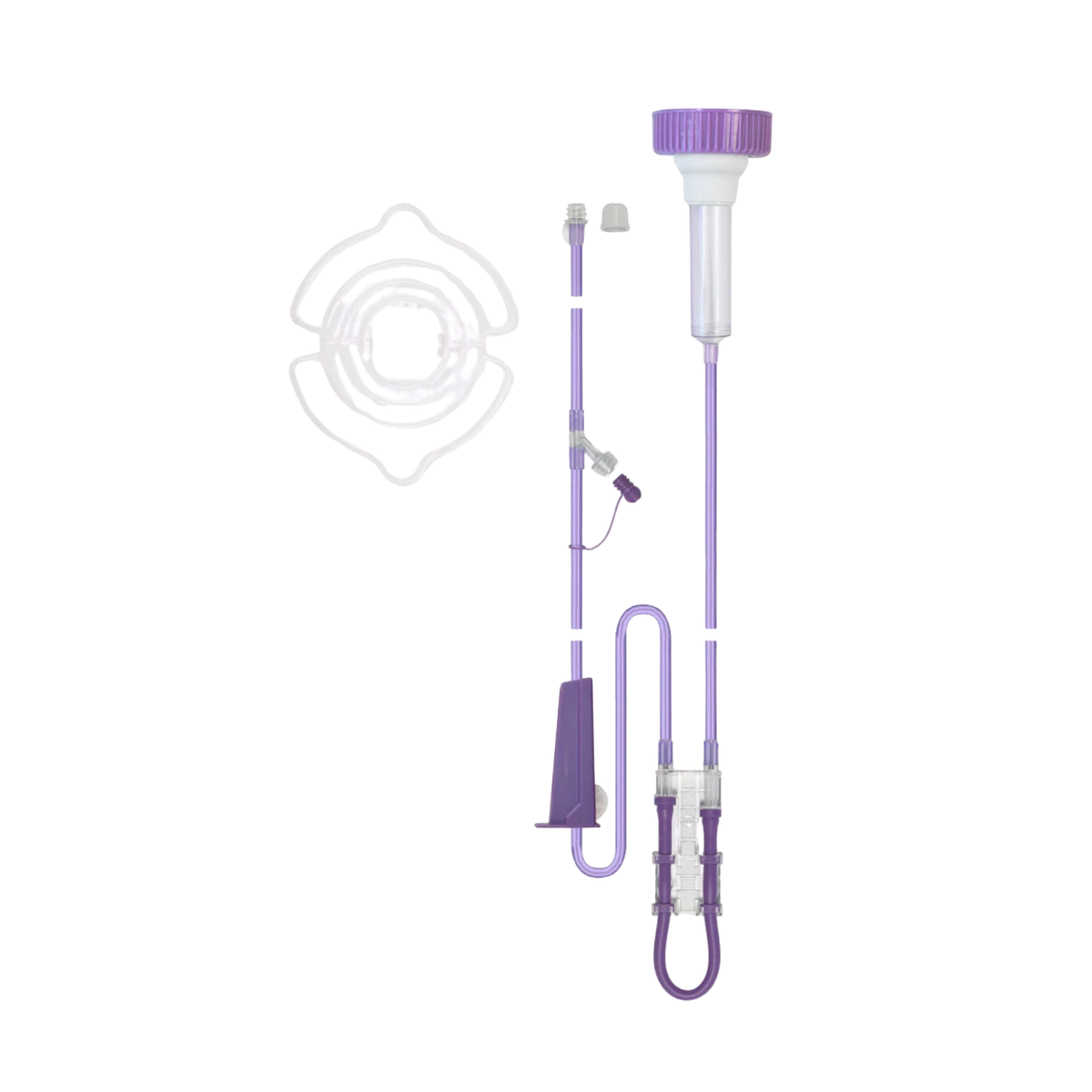Product image of a Flocare Infinity Enteral Feeding Bottle Set with an integrated Y-port and drip chamber, featuring purple cap components, clear tubing, and a pump cassette shown alongside a coiled protective ring on a transparent background.