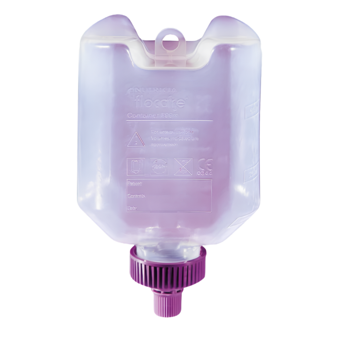 Flocare Enteral Feeding Container available in 500ml and 1000ml sizes, collapsible LDPE reservoirs designed for safe, hygienic tube feeding support.