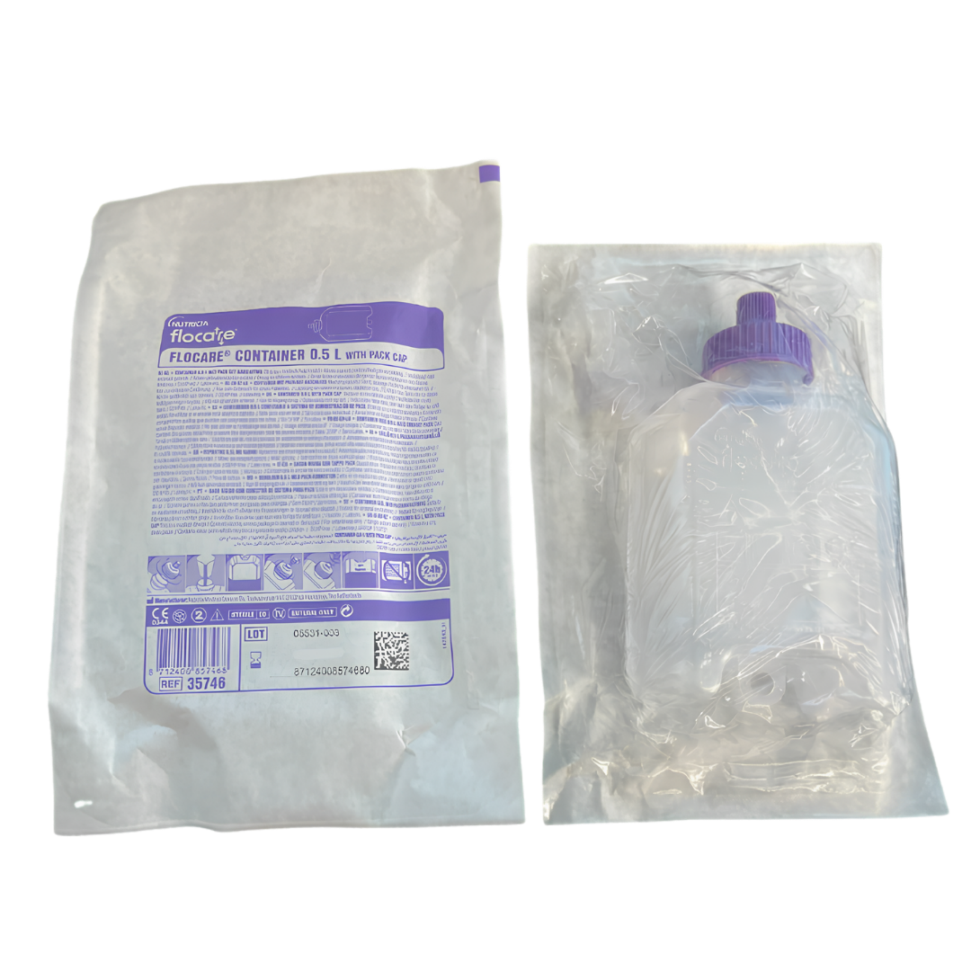 Flocare Enteral Feeding Container available in 500ml and 1000ml sizes, collapsible LDPE reservoirs designed for safe, hygienic tube feeding support.