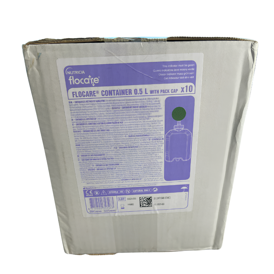 Flocare Enteral Feeding Container available in 500ml and 1000ml sizes, collapsible LDPE reservoirs designed for safe, hygienic tube feeding support.