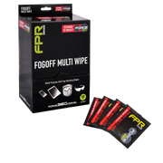Force360 FPR Series Fog Off Multi Wipe product display showing a black 100-count dispenser box alongside five individually wrapped foil sachets fanned out in front on a transparent background.