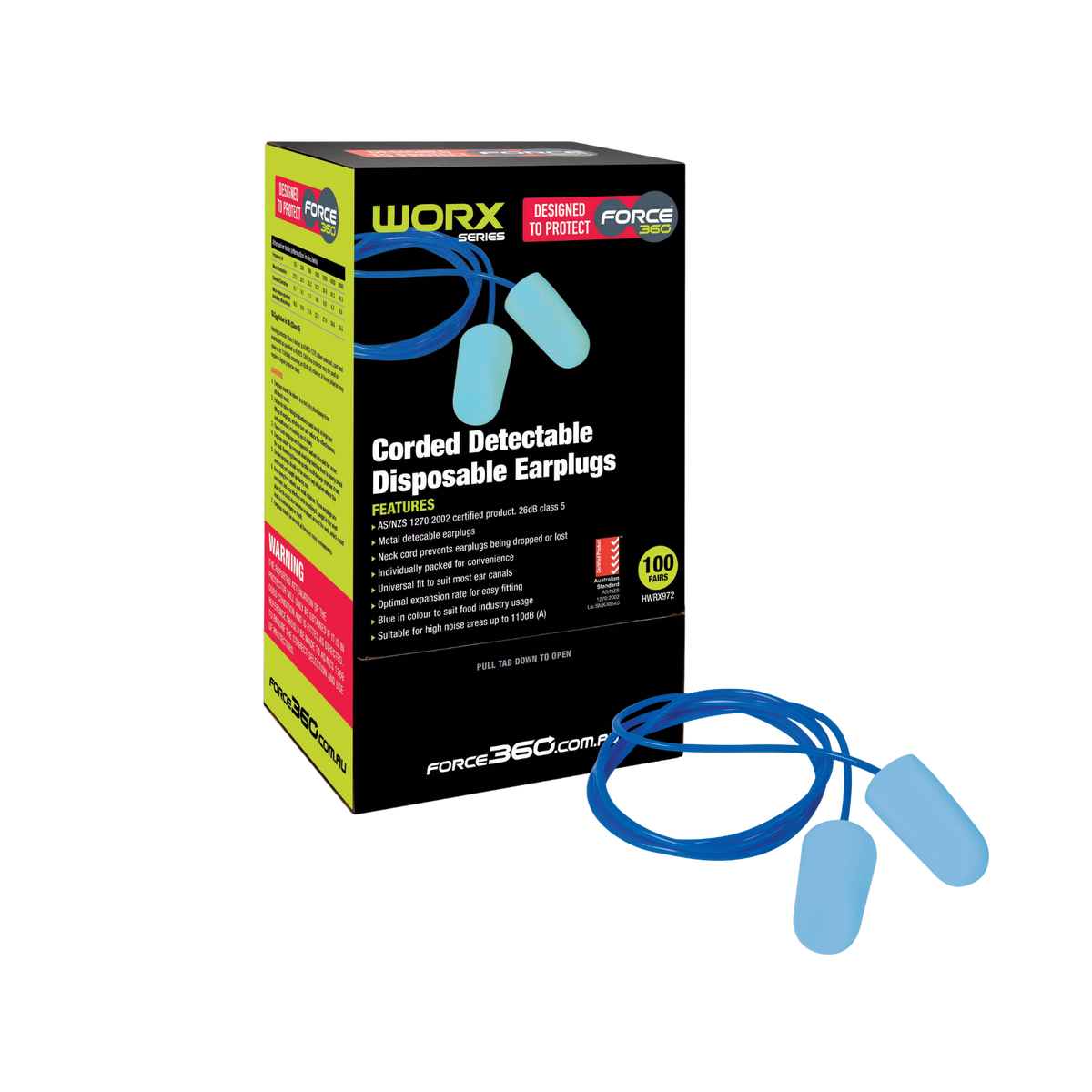 Force360 Worx Series Corded Detectable Disposable Earplugs retail dispenser box showing a 100-pair badge, displayed alongside a pair of light blue foam earplugs connected by a bright blue neck cord on a transparent background.