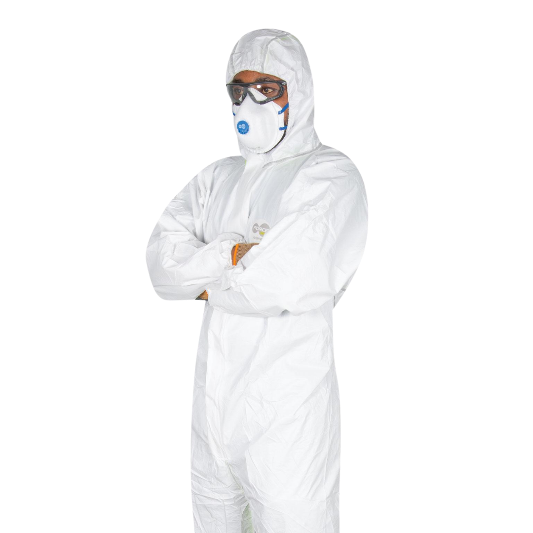 The Force360 Repel Type 5-6 Coverall is a lightweight, hooded protective suit designed to guard against hazardous dust and light liquid splashes. Made from breathable, low-lint material, it features elasticated cuffs, ankles, and waist for a secure fit, along with a front zipper closure for easy wear. 