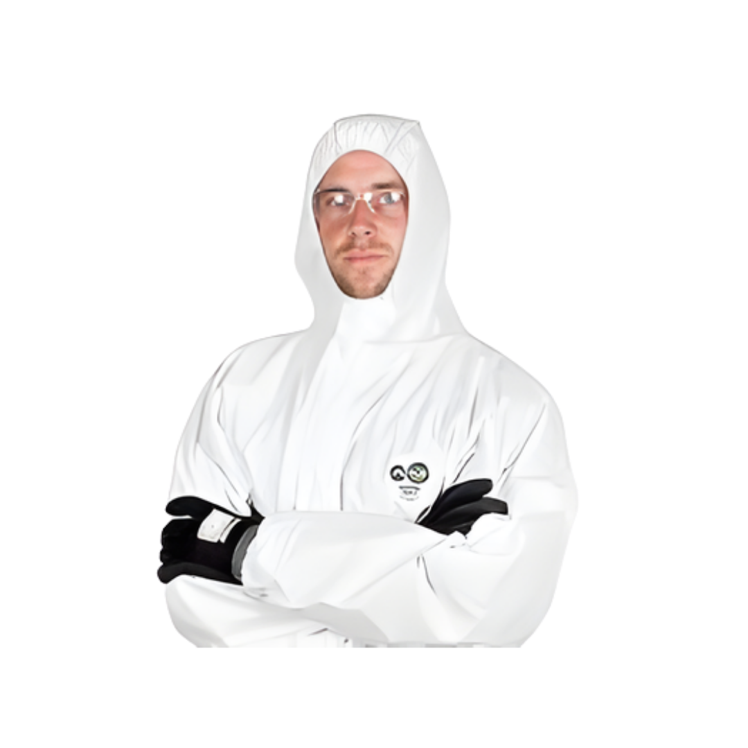 The Force360 Repel Type 5-6 Coverall is a lightweight, hooded protective suit designed to guard against hazardous dust and light liquid splashes. Made from breathable, low-lint material, it features elasticated cuffs, ankles, and waist for a secure fit, along with a front zipper closure for easy wear. 