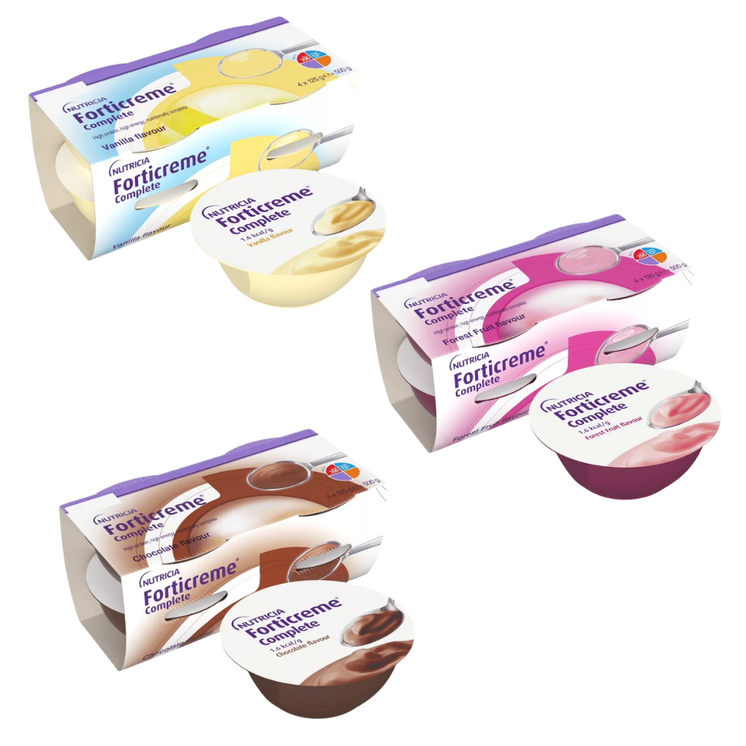 Forticreme Complete dessert-style nutritional supplement cup in vanilla flavour, showing smooth creamy texture designed for high energy and protein support.