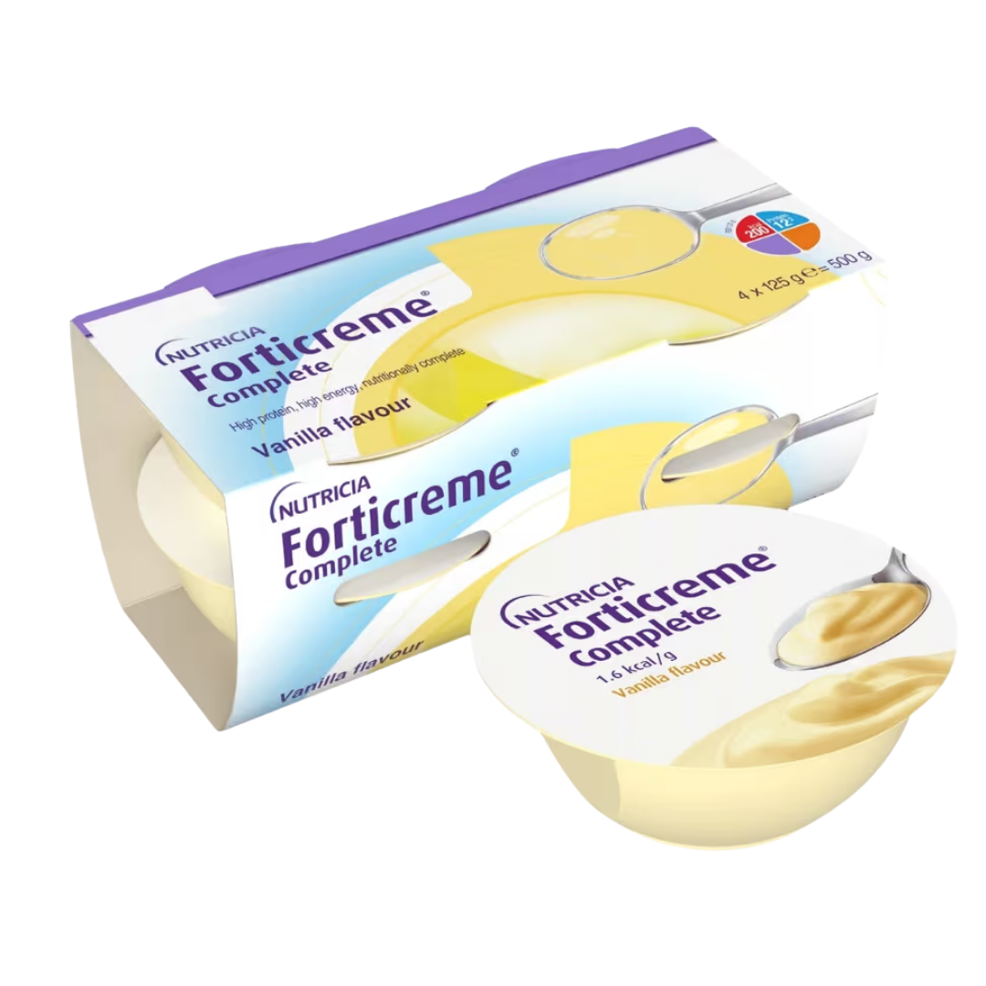 Forticreme Complete dessert-style nutritional supplement cup in vanilla flavour, showing smooth creamy texture designed for high energy and protein support.