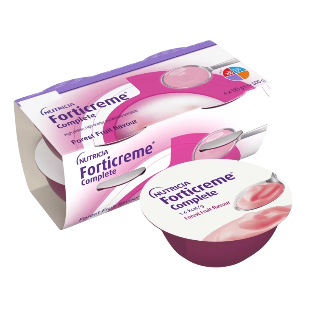 Forticreme Complete dessert-style nutritional supplement cup in vanilla flavour, showing smooth creamy texture designed for high energy and protein support.