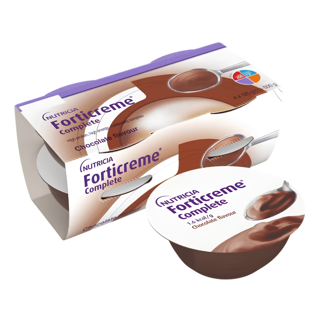 Forticreme Complete dessert-style nutritional supplement cup in vanilla flavour, showing smooth creamy texture designed for high energy and protein support.