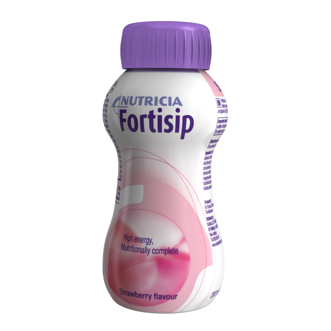 Fortisip Strawberry Bottle 200ml – High-energy nutritional drink with strawberry flavour for medical nutrition support.