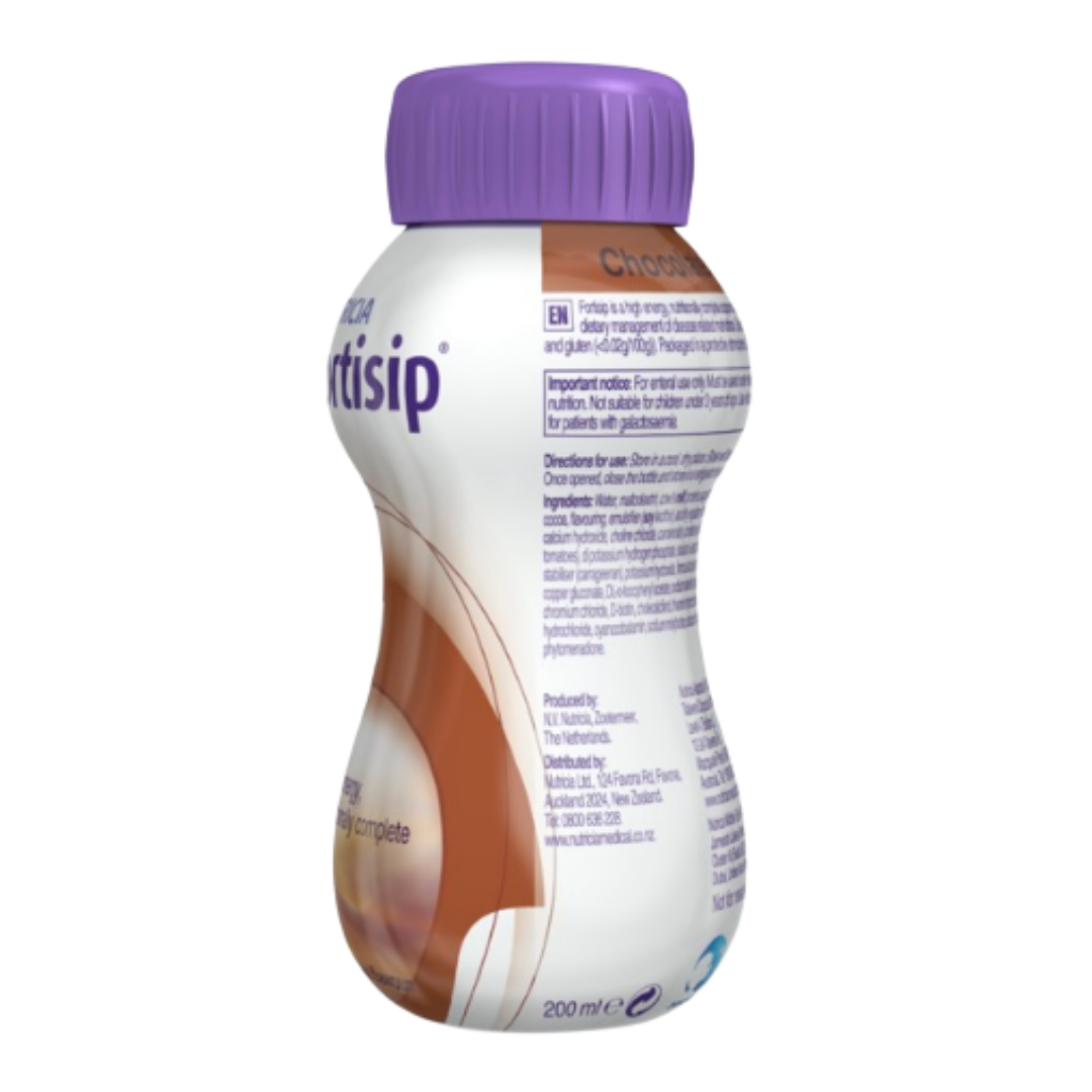 Fortisip 200ml Bottle Chocolate provides 300 calories, 12g protein, and 28 vitamins and minerals in a ready-to-drink format.