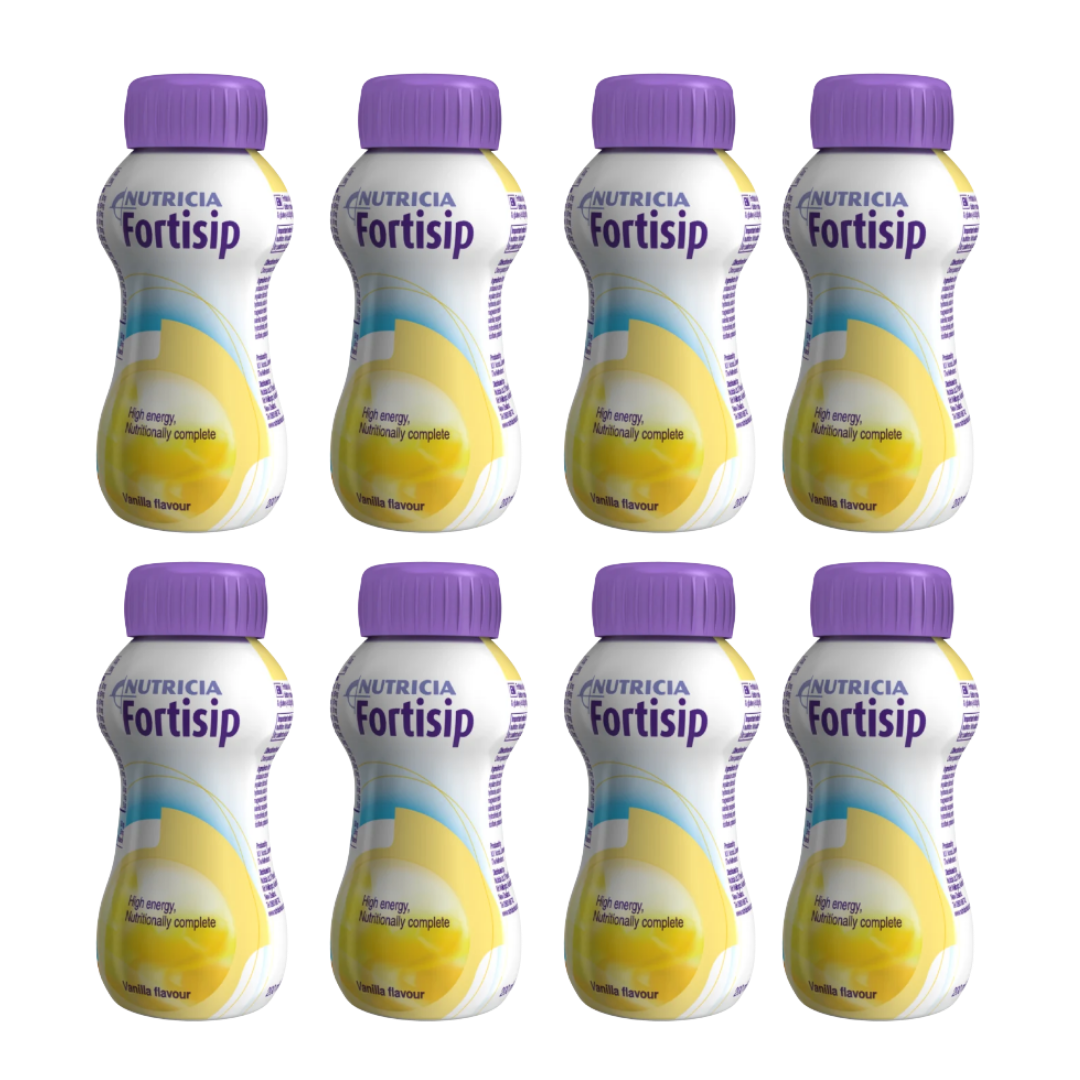 Fortisip 200ml Bottle Vanilla provides 300 calories, 12g protein, and 28 vitamins and minerals in a ready-to-drink format.