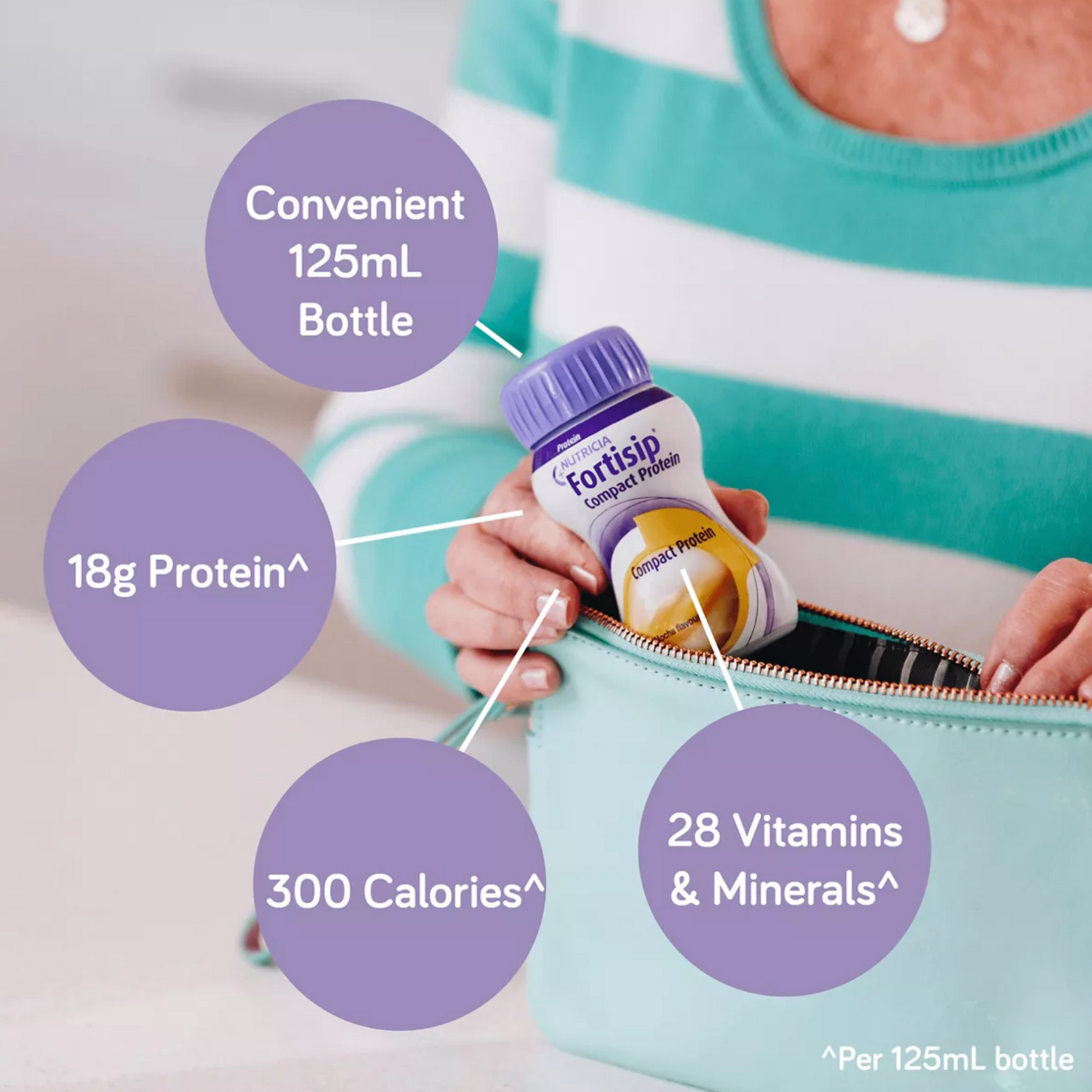 Person holding a Forfisip protein supplement bottle with nutritional information displayed.