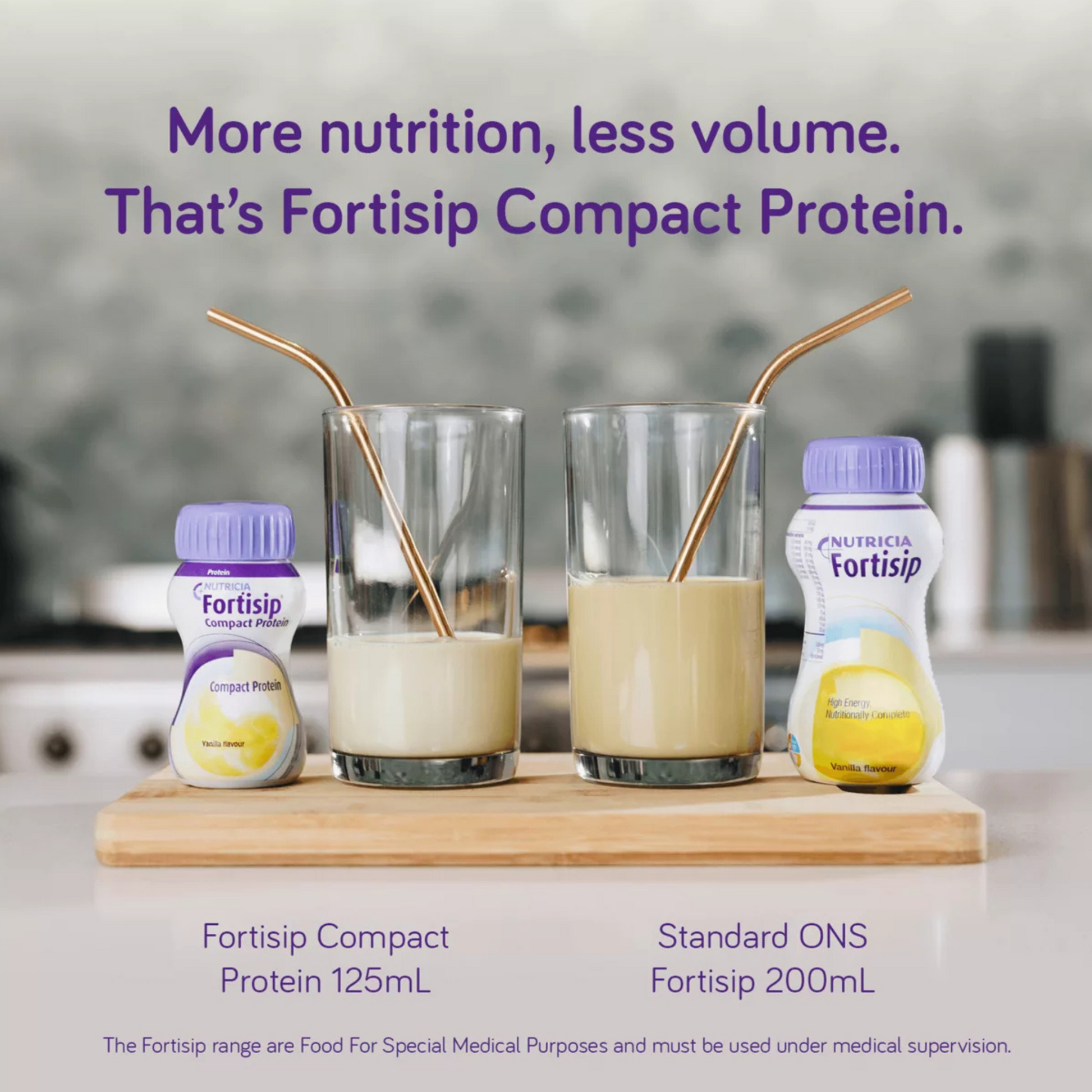 Two glasses with Fortisip Compact Protein and Standard ONS Fortisip on a wooden board.