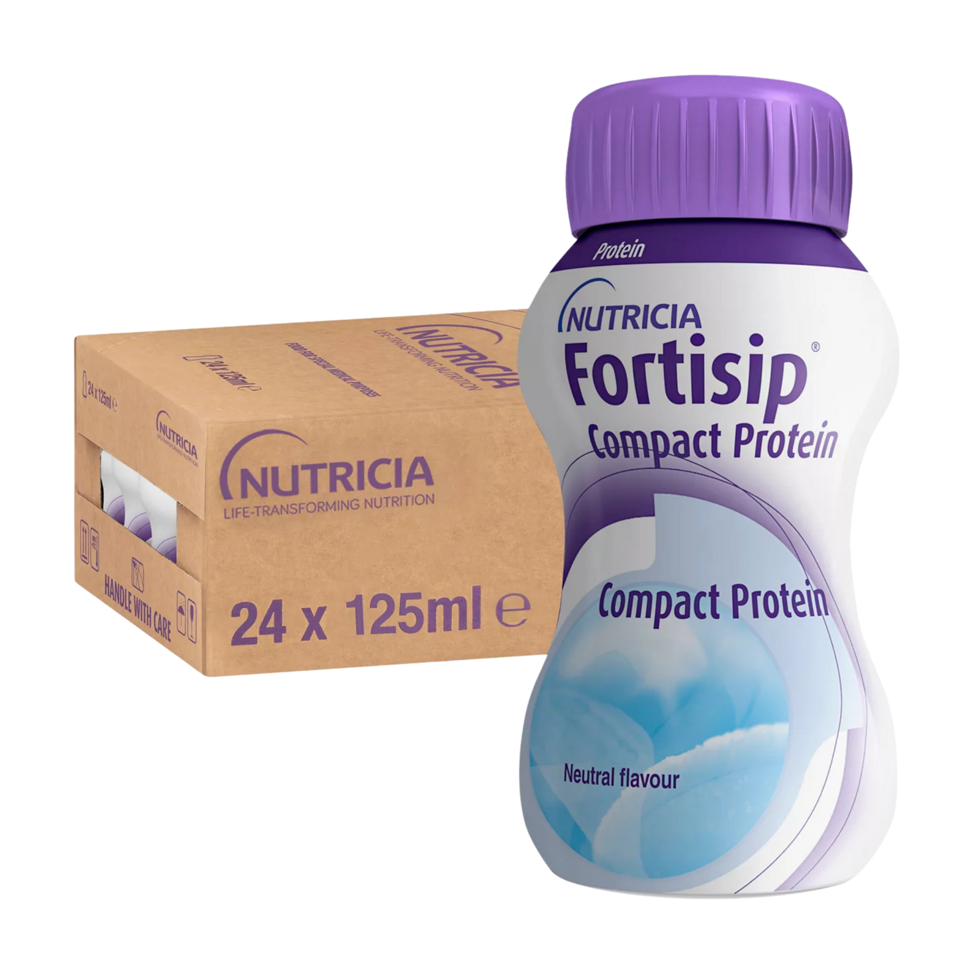 Nutricia Fortisip Compact Protein bottle with packaging on a white background