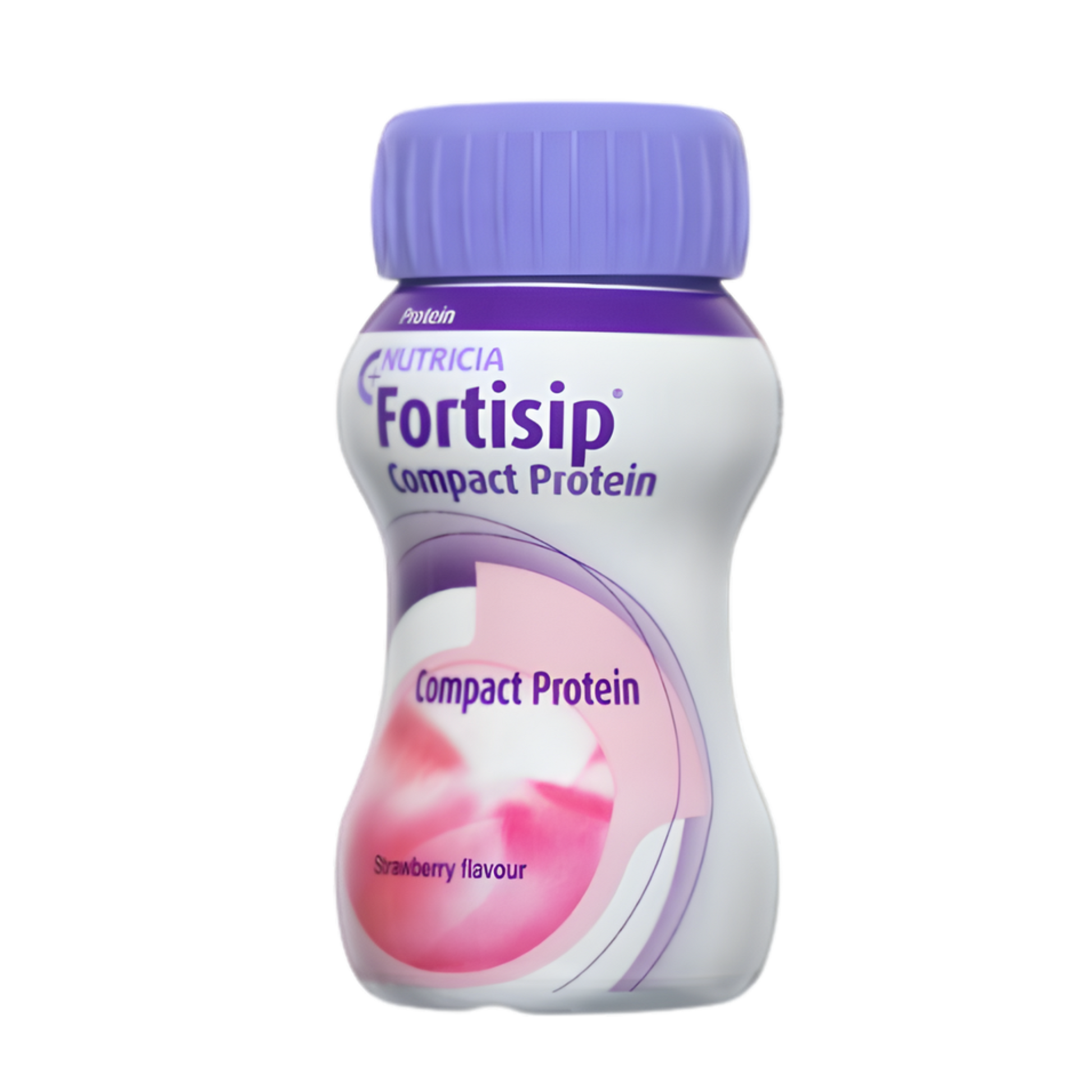 Fortisip Compact Protein bottle with strawberry flavor on a white background