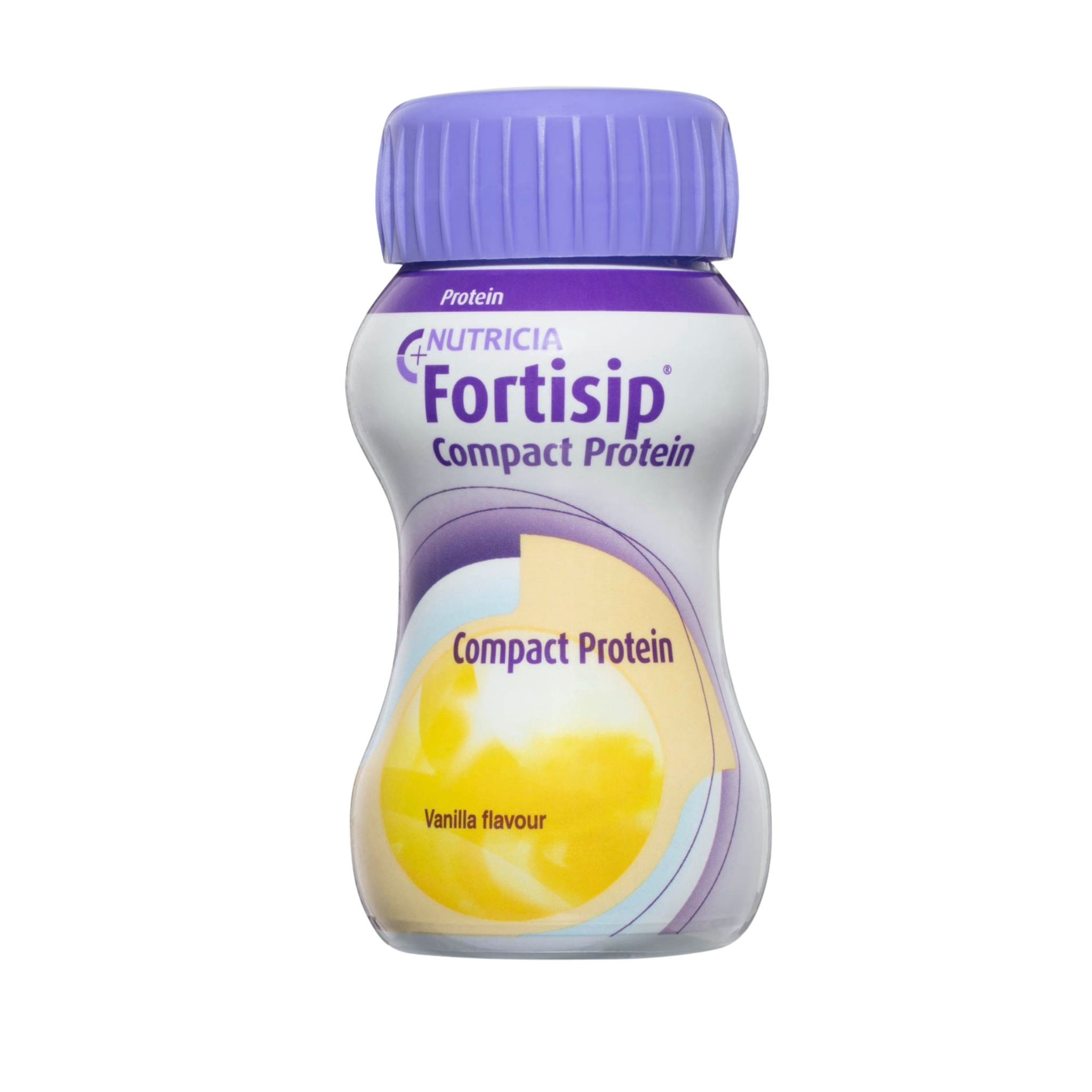 Fortisip Compact Protein bottle with purple cap on a white background