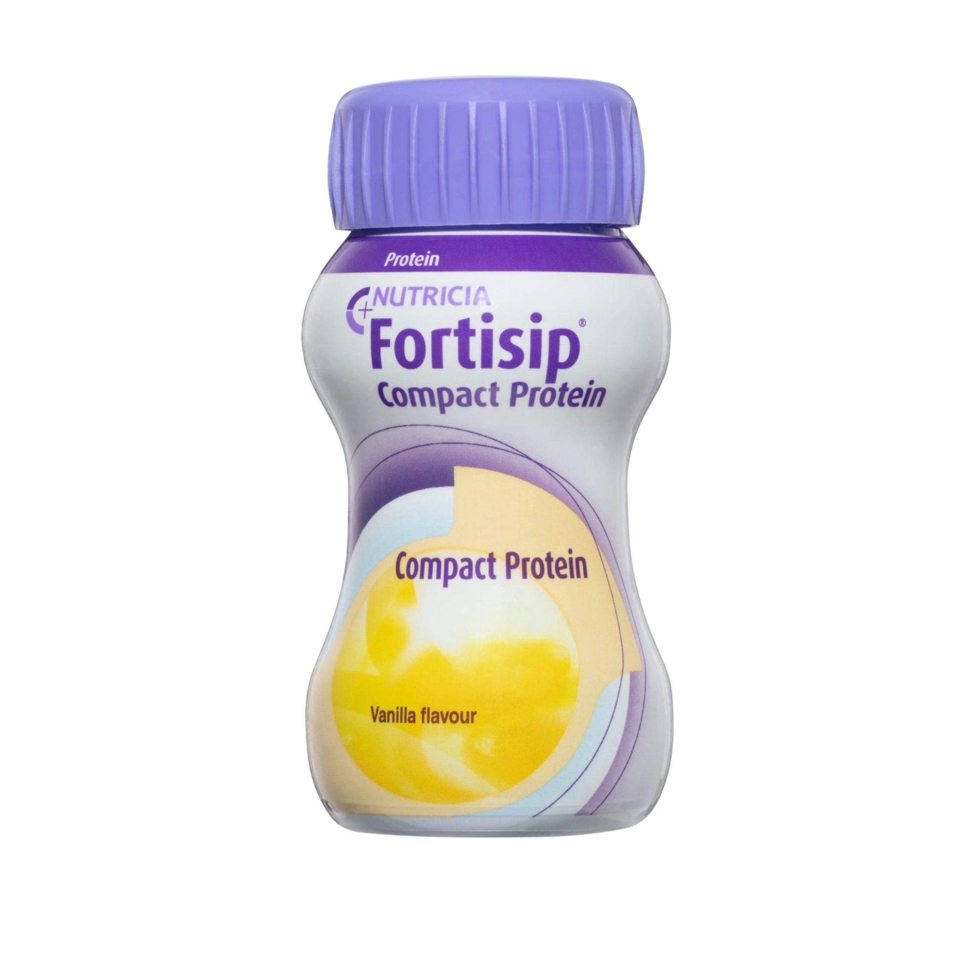 Fortisip Compact Protein bottle with purple cap on a white background