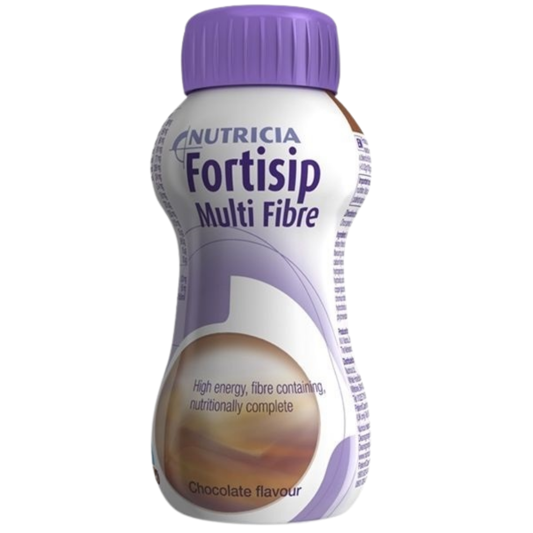Fortisip Multi Fibre Chocolate 200ml bottle with fibre blend, protein, and complete nutrition.