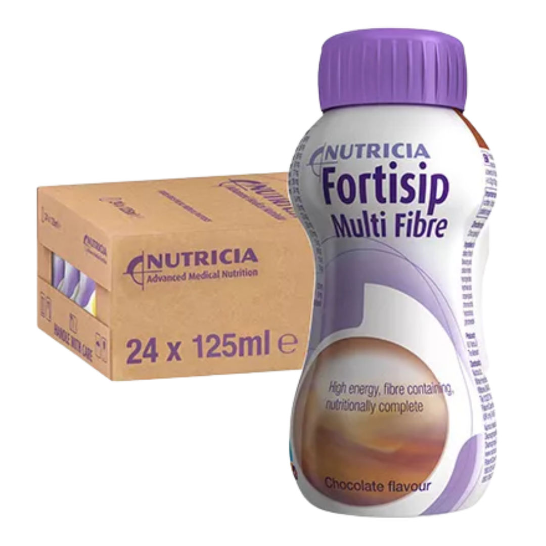 Fortisip Multi Fibre Chocolate 200ml bottle with fibre blend, protein, and complete nutrition.