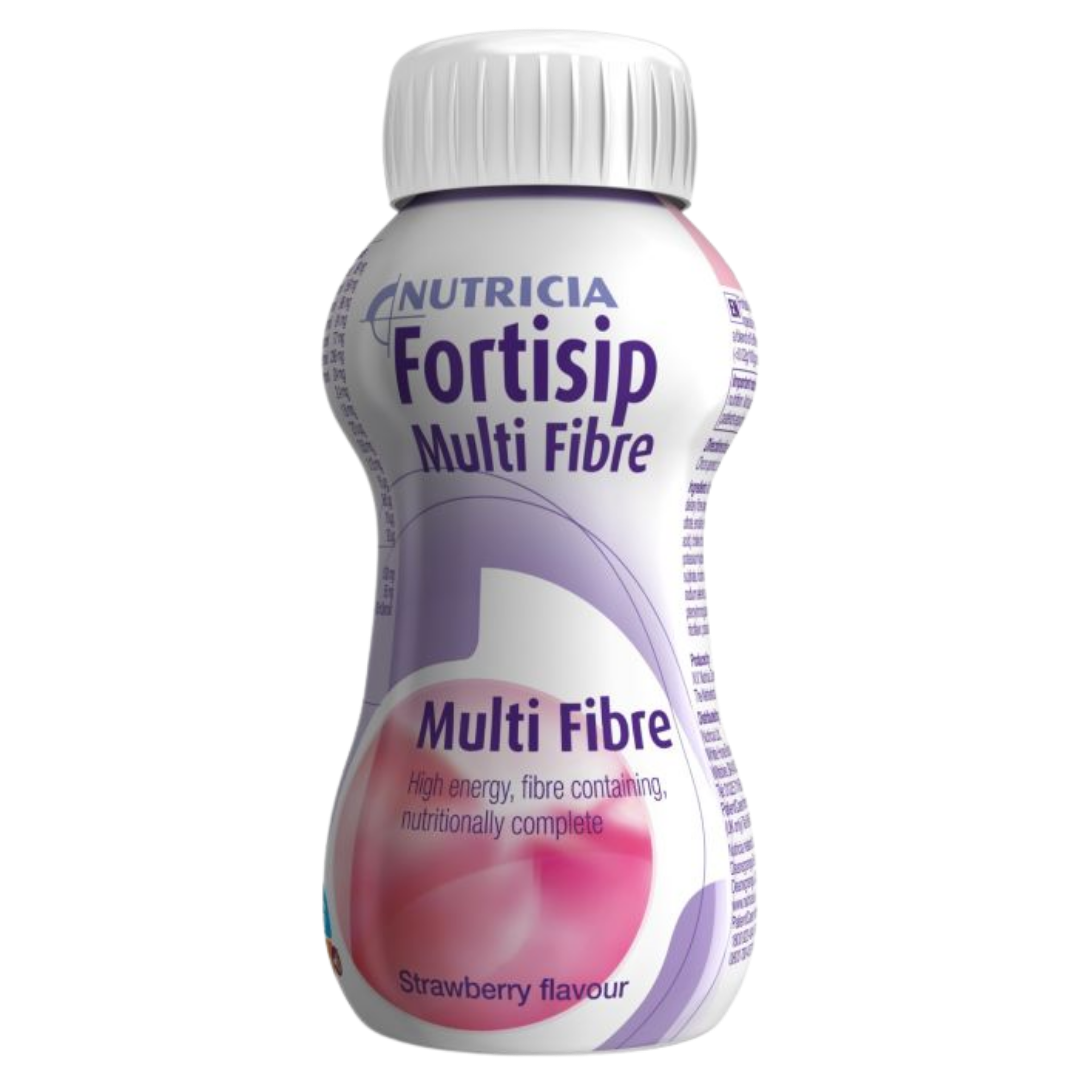 Fortisip Multi Fibre Strawberry 200ml bottle with fibre blend, protein, and complete nutrition.