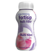 Fortisip Multi Fibre Strawberry 200ml bottle with fibre blend, protein, and complete nutrition.