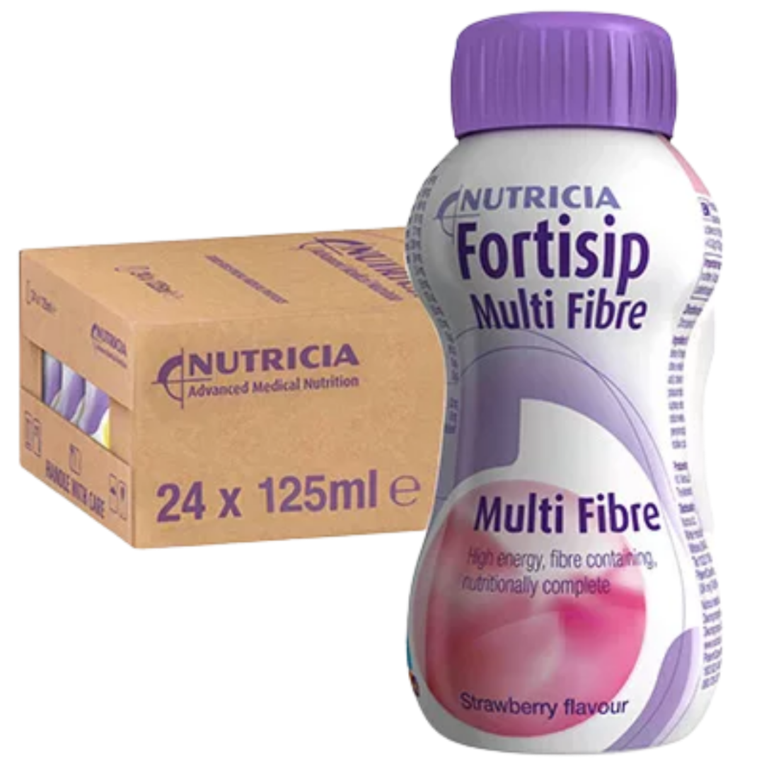 Fortisip Multi Fibre Strawberry 200ml bottle with fibre blend, protein, and complete nutrition.