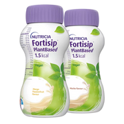 Two bottles of Nutricia Fortisip PlantBased 1.5 kcal 200ml oral nutritional supplement in Mango Passionfruit and Mocha flavors on a transparent background.