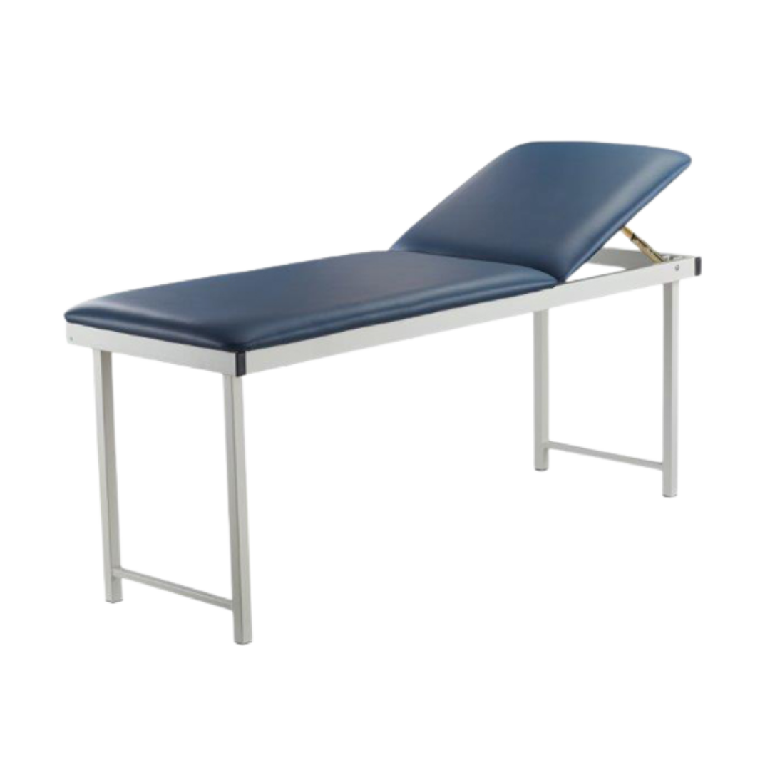 Free Standing Treatment Couch in navy blue with adjustable backrest and steel frame – ideal for clinical and medical use.
