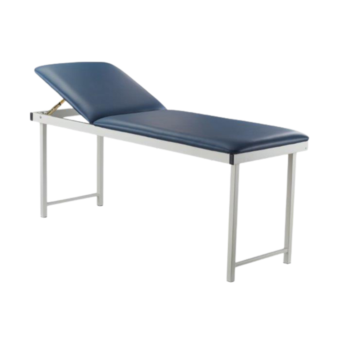 Free Standing Treatment Couch in navy blue with adjustable backrest and steel frame – ideal for clinical and medical use.