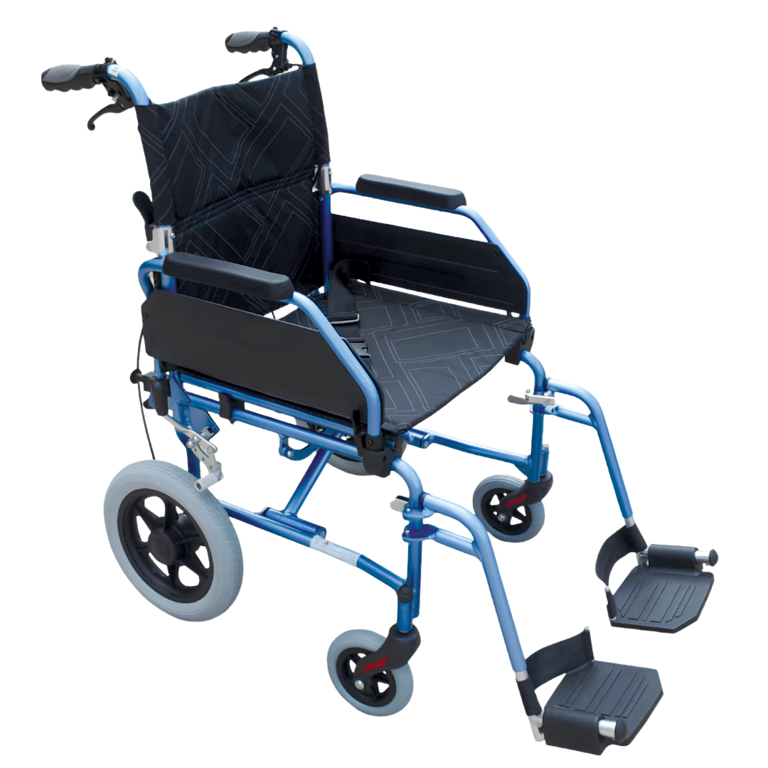 Freedom Excel Attendant Propelled Superlite Transporter Wheelchair offers lightweight, compact design with 460mm and 510mm seat width options for safe mobility.
