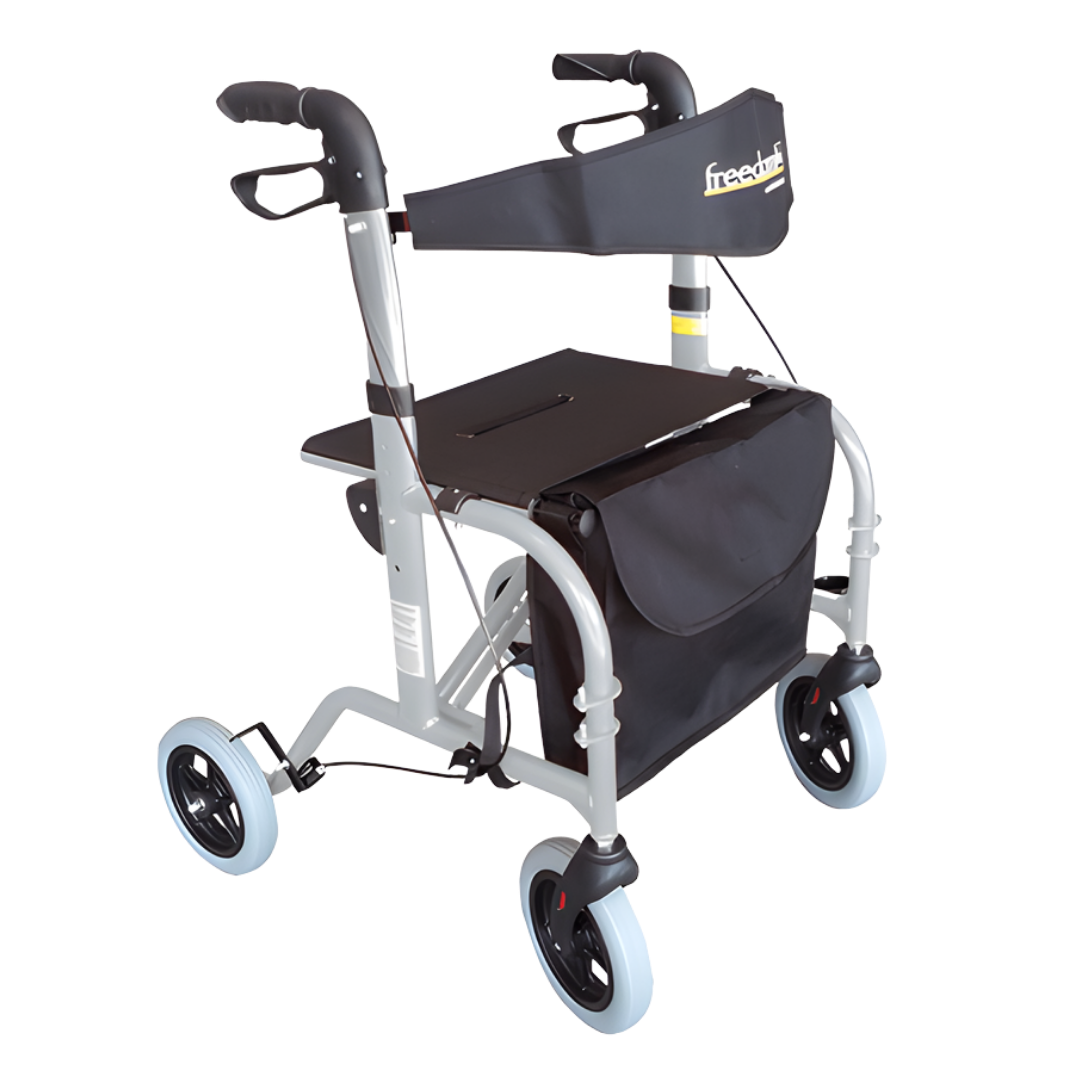 Freedom Hybrid Transroller in silver, a dual‑purpose seat walker and transit wheelchair offering stable support, comfort, and flexibility for daily mobility needs.