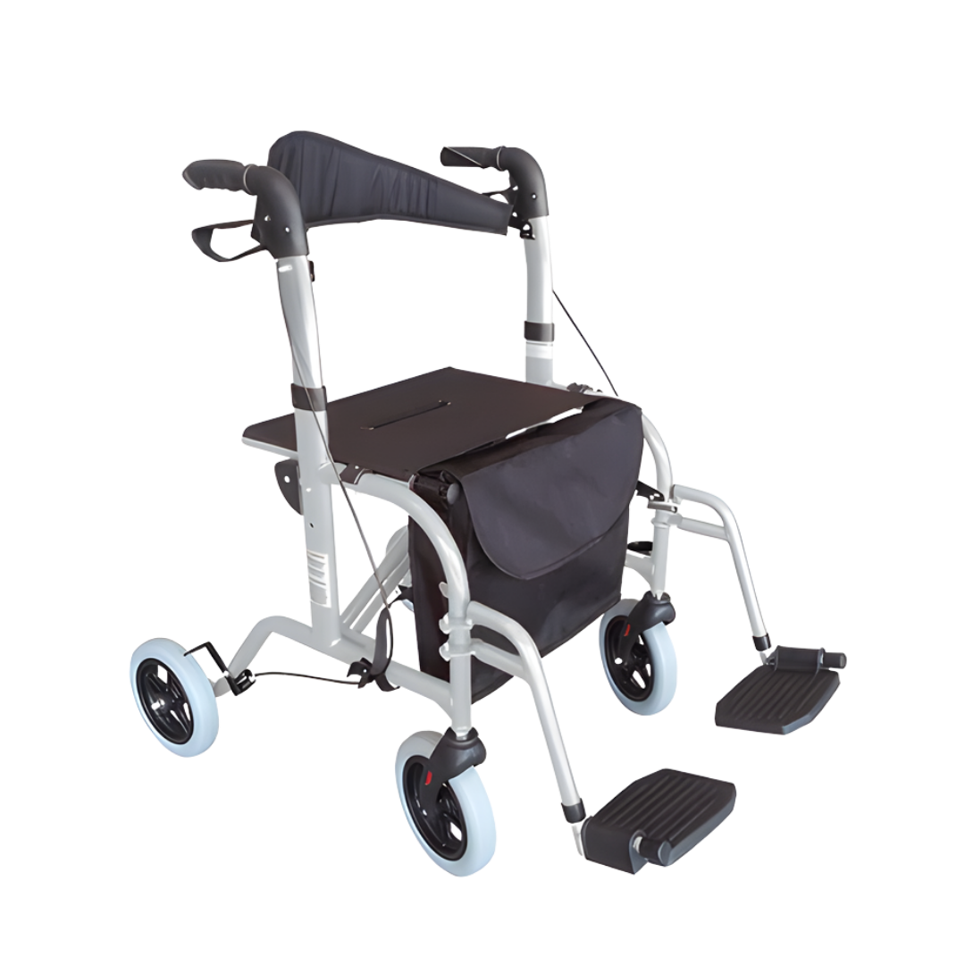 Freedom Hybrid Transroller in silver, a dual‑purpose seat walker and transit wheelchair offering stable support, comfort, and flexibility for daily mobility needs.