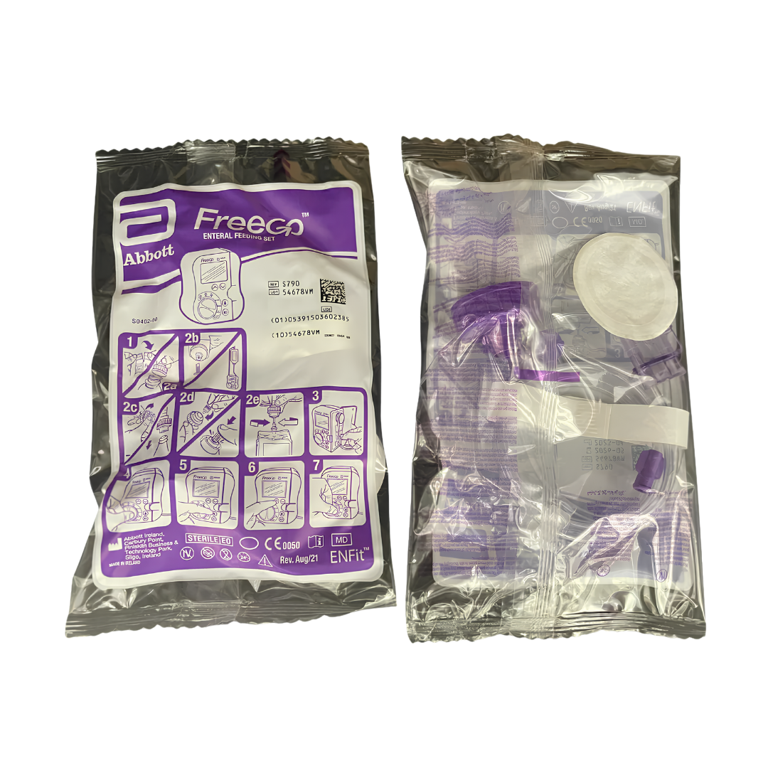 Freego Pump Giving Set with precision tubing and spike chamber designed for controlled enteral feeding delivery in clinical and home care settings.
