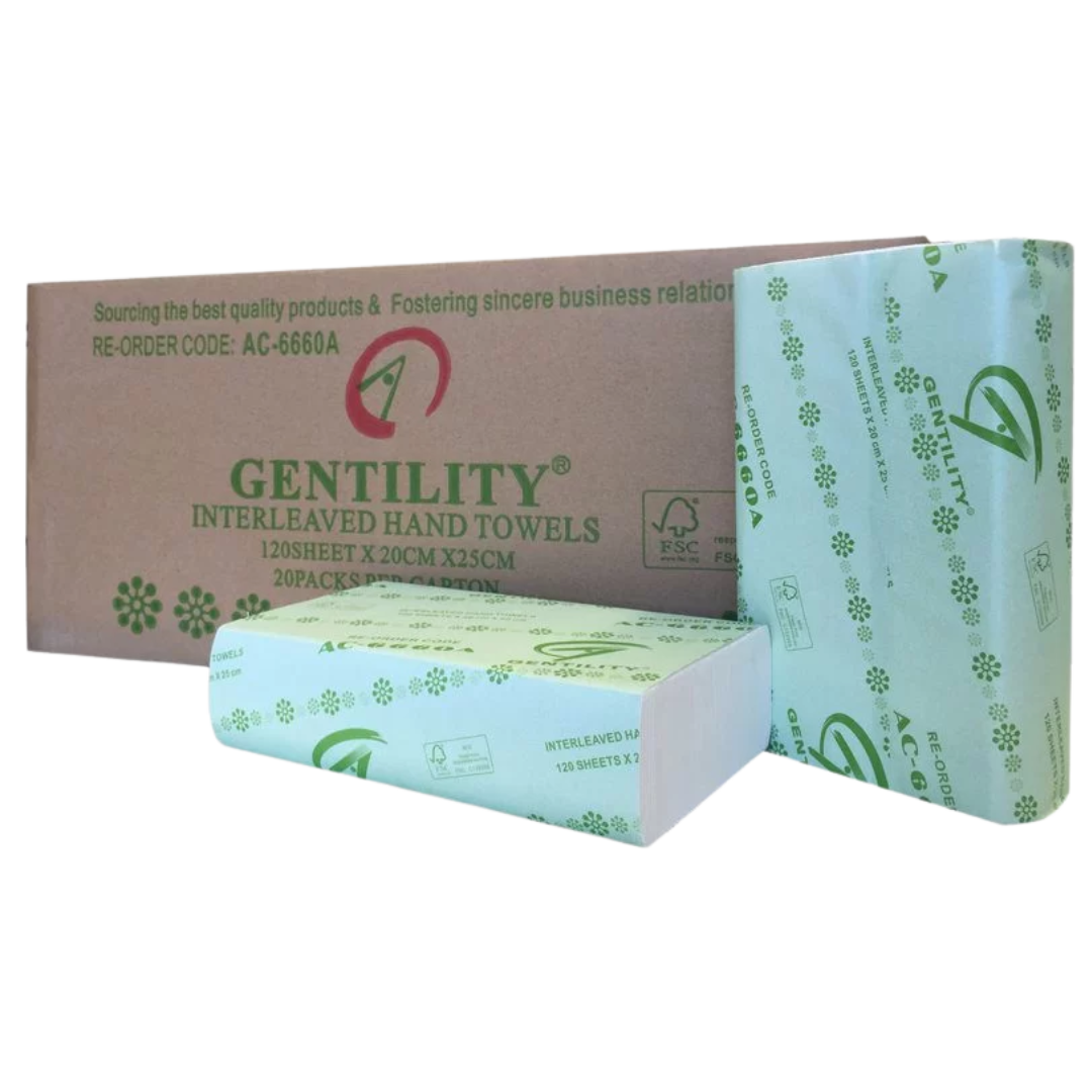 Gentility Compact Interleaved Hand Towel pack – 120 soft, hygienic 1Ply sheets sized 20x25cm