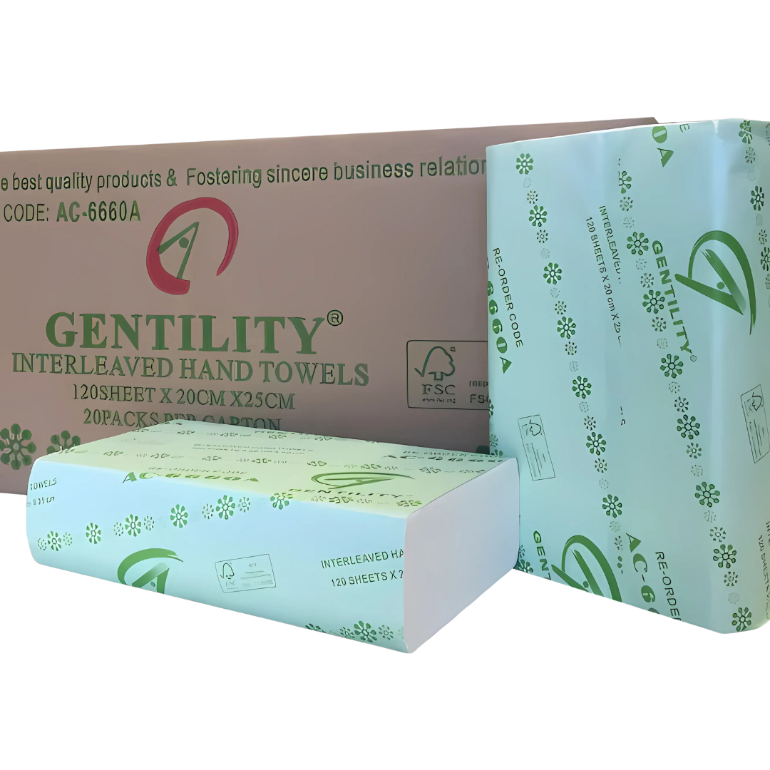 Gentility Compact Interleaved Hand Towel pack – 120 soft, hygienic 1Ply sheets sized 20x25cm
