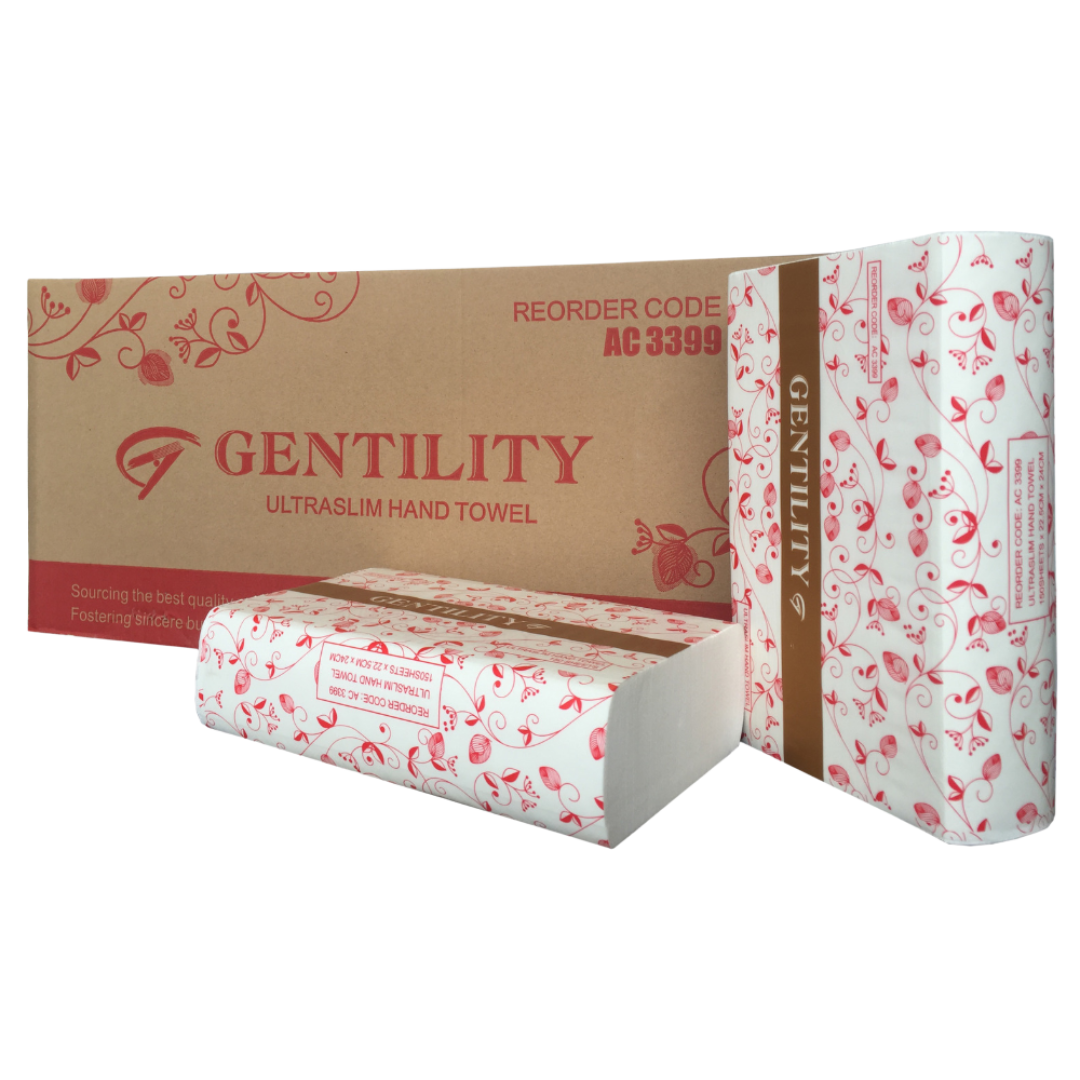 Gentility Ultraslim Interleaved Hand Towel pack with 150 soft, absorbent sheets for hygienic and efficient hand drying in commercial settings.