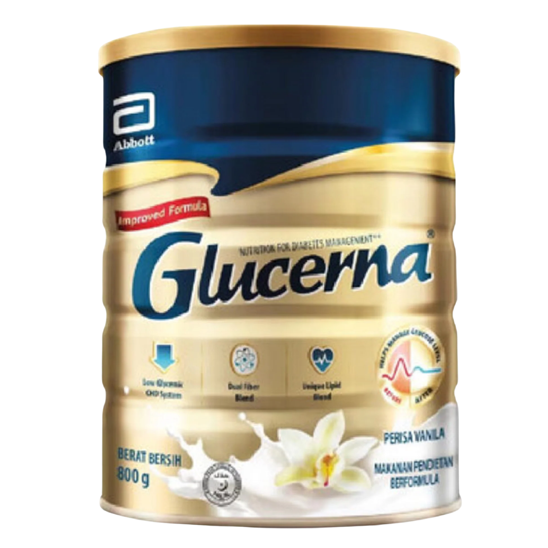 Glucerna Vanilla Powder 800g can for diabetes-specific balanced nutrition with low GI and slow-release carbohydrates.