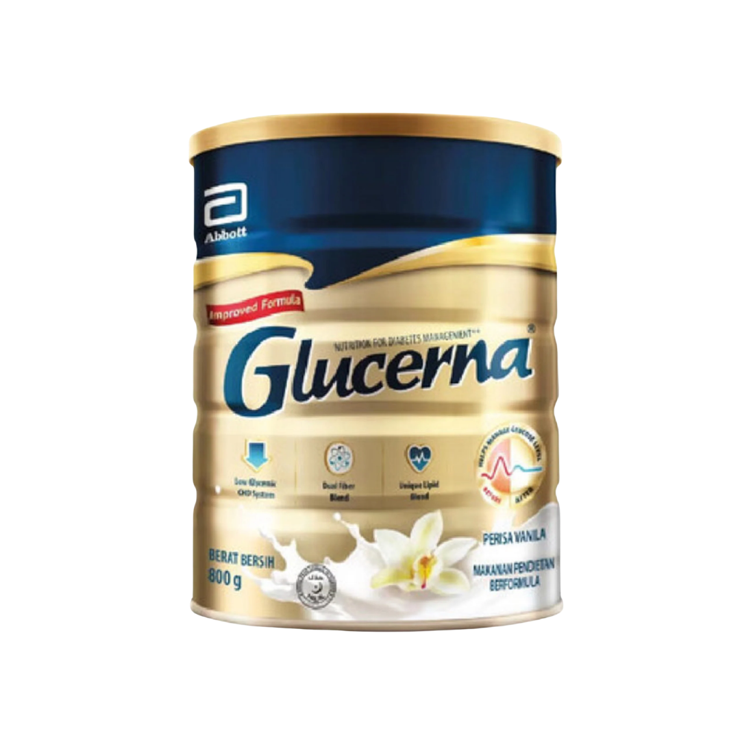 Glucerna Vanilla Powder 800g can for diabetes-specific balanced nutrition with low GI and slow-release carbohydrates.
